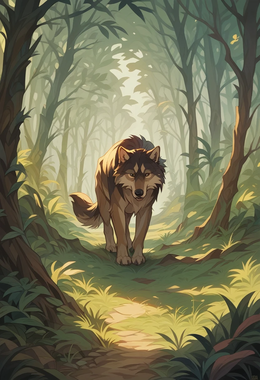 cover page, A girl and a wolf meet in the forest, flat Design, vector illustrations, graphic illustration, detailed 2d illustration, flat illustration, digital illustration, digital artwork,