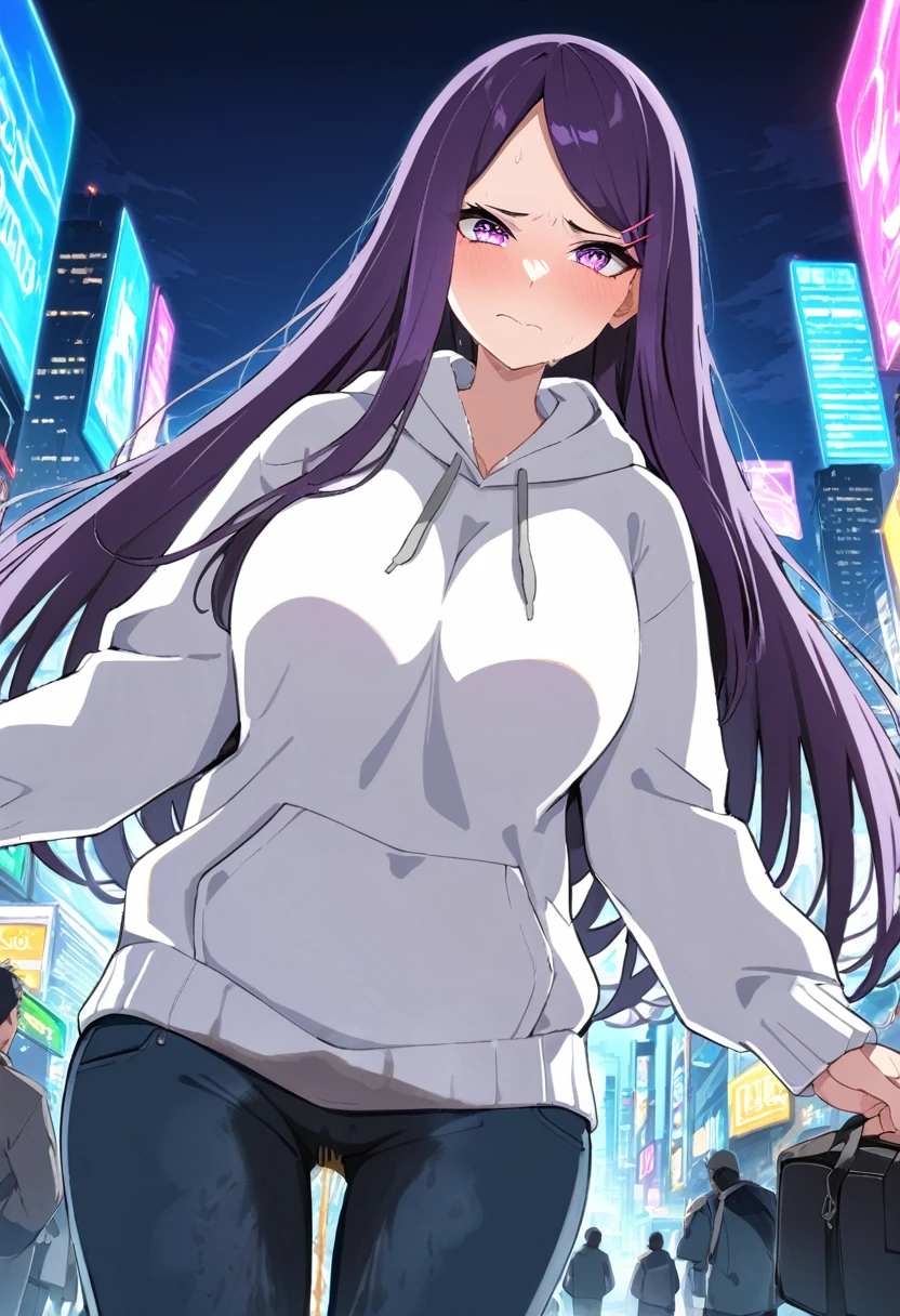 (masterpiece:1.37), best quality, (extremely detailed:1.37), (1girl:1.5), woman, (mature:1.5), (adult:1.5), large breasts, very long hair, (straight hair:1.5), (very dark purple hair:1.5), purple eyes, (extremely detailed eyes:1.37), hoodie, jeans, desperation, (wetting self:1.5), standing, embarrassed, humiliation, blushing, angry, city, futuristic, neon lighting, high-tech, street, skyscraper