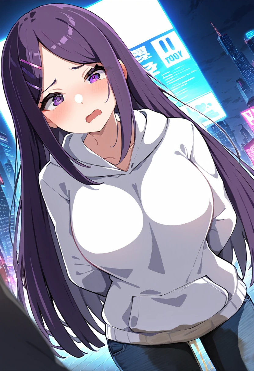 (masterpiece:1.37), best quality, (extremely detailed:1.37), (1girl:1.5), woman, (mature:1.5), (adult:1.5), large breasts, very long hair, (straight hair:1.5), (very dark purple hair:1.5), purple eyes, (extremely detailed eyes:1.37), hoodie, jeans, desperation, (wetting self:1.5), standing, embarrassed, humiliation, blushing, angry, city, futuristic, neon lighting, high-tech, street, skyscraper