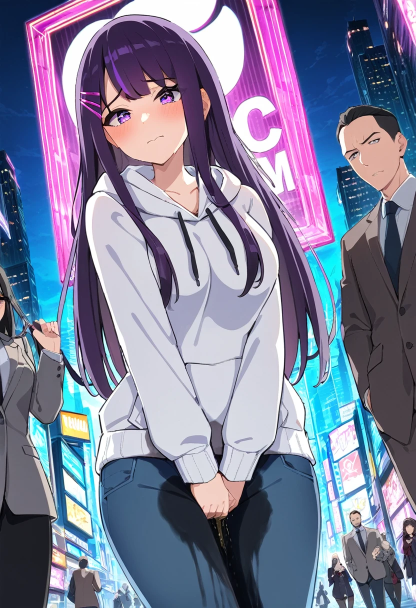 (masterpiece:1.37), best quality, (extremely detailed:1.37), (1girl:1.5), woman, (mature:1.5), (adult:1.5), large breasts, very long hair, (straight hair:1.5), (very dark purple hair:1.5), purple eyes, (extremely detailed eyes:1.37), hoodie, jeans, desperation, (wetting self:1.5), standing, embarrassed, humiliation, blushing, angry, city, futuristic, neon lighting, high-tech, street, skyscraper