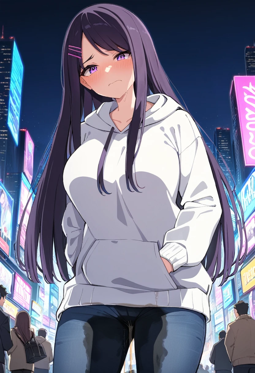 (masterpiece:1.37), best quality, (extremely detailed:1.37), (1girl:1.5), woman, (mature:1.5), (adult:1.5), large breasts, very long hair, (straight hair:1.5), (very dark purple hair:1.5), purple eyes, (extremely detailed eyes:1.37), hoodie, jeans, desperation, (wetting self:1.5), standing, embarrassed, humiliation, blushing, angry, city, futuristic, neon lighting, high-tech, street, skyscraper