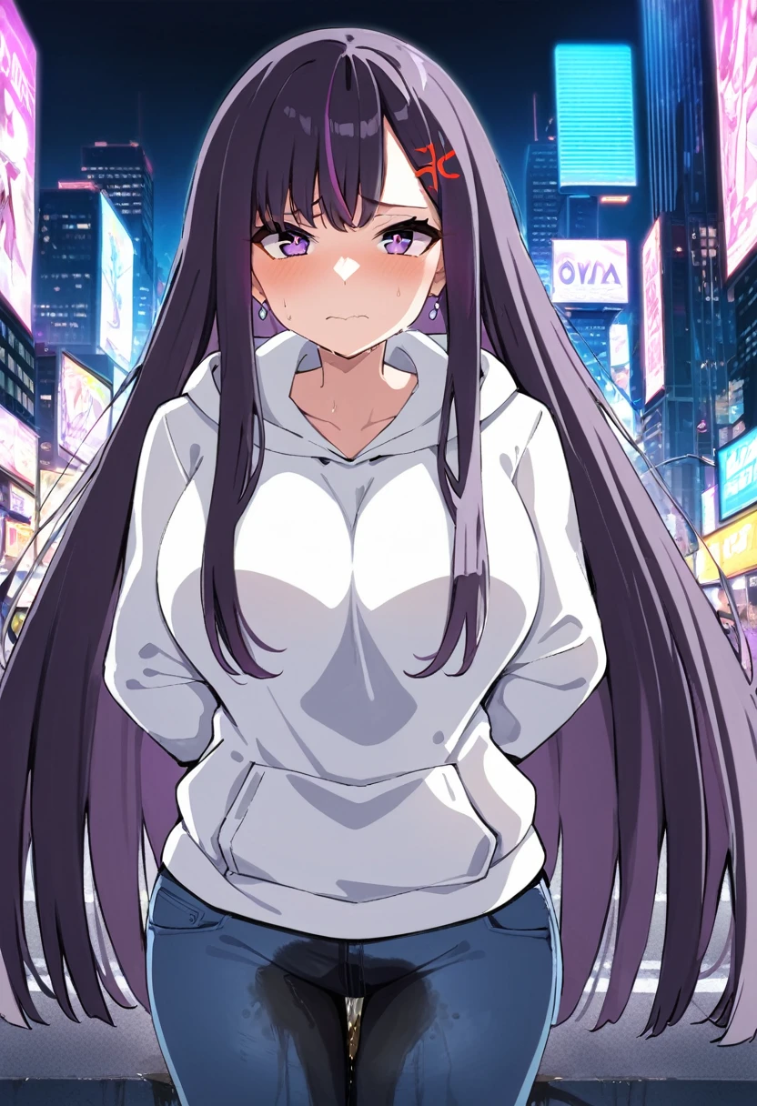 (masterpiece:1.37), best quality, (extremely detailed:1.37), (1girl:1.5), woman, (mature:1.5), (adult:1.5), large breasts, very long hair, (straight hair:1.5), (very dark purple hair:1.5), purple eyes, (extremely detailed eyes:1.37), hoodie, jeans, desperation, (wetting self:1.5), standing, embarrassed, humiliation, blushing, angry, city, futuristic, neon lighting, high-tech, street, skyscraper