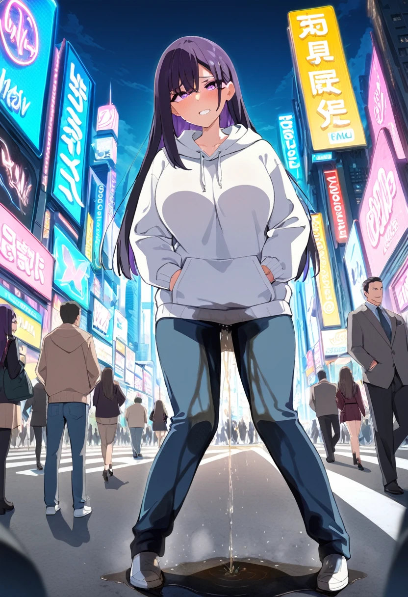 (masterpiece:1.37), best quality, (extremely detailed:1.37), (1girl:1.5), woman, (mature:1.5), (adult:1.5), large breasts, very long hair, (straight hair:1.5), (very dark purple hair:1.5), purple eyes, (extremely detailed eyes:1.37), hoodie, jeans, desperation, (wetting self:1.5), standing, embarrassed, humiliation, blushing, angry, city, futuristic, neon lighting, high-tech, street, skyscraper