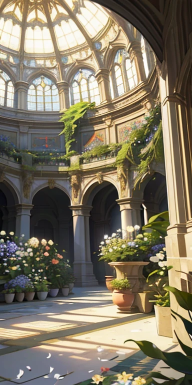 ((top quality), masterpiece,(ultra-realistic)), indoor botanical garden, dome, lots of flowers, background landscape is a garden with petals and papas flying around. --v6