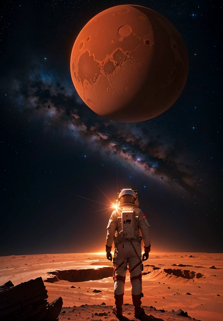 A beautiful painting of an astronaut standing on the edge of a crater on Mars at night. The astronaut is gazing across the crater. The Martian landscape is illuminated by the stars and the distant glow of the sun setting below the horizon. The scene captures the serene beauty and vastness of Mars, with the reddish terrain contrasting against the dark sky filled with stars