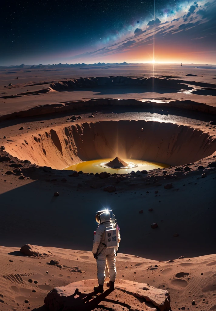 A beautiful painting of an astronaut standing on the edge of a crater on Mars at night. The astronaut is gazing across the crater. The Martian landscape is illuminated by the stars and the distant glow of the sun setting below the horizon. The scene captures the serene beauty and vastness of Mars, with the reddish terrain contrasting against the dark sky filled with stars