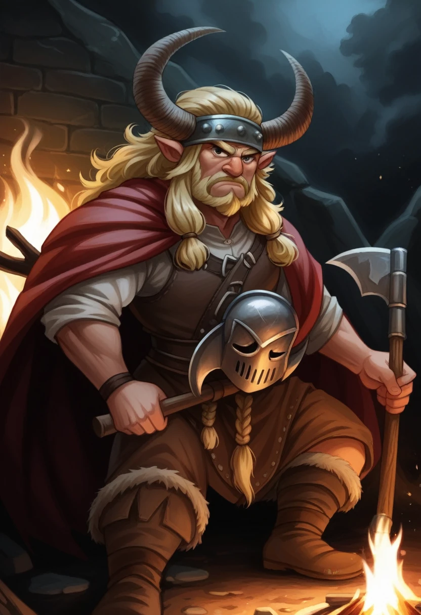 8k, best quality, highres, realistic, real person, ((dwarf:1.5)), A hyper-realistic movie photograph of a Viking warrior. The character has long, blonde hair and a long beard. He is wearing a metal helmet with horns and metal armor. The warrior has a serious expression and is seated by a campfire. The background is dark and features the flickering light of the fire, creating a dramatic and intense atmosphere,A hyper-realistic movie photograph of a Viking warrior. The character has long, blonde hair and ((Long beard down to his waist)), (Red cape), He is wearing a detailed ((metal full helmet with two large curved horns)) The helmet is silver and covers the entire head, with eye openings that provide protection to the eyes. The warrior has a serious expression and is seated by a campfire. The background is dark and features the flickering light of the fire, creating a dramatic and i,His cheeks are also covered with a beard , ((hold a big double-sided axe))