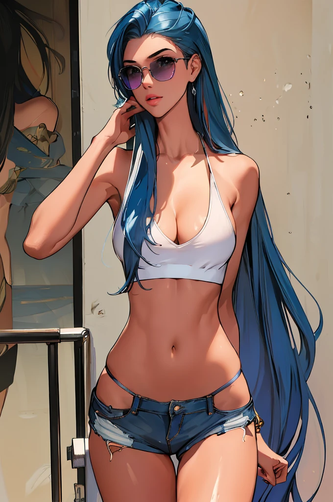 (best quality: 1.2), clean face, (masterpiece: 1.2, 8k) perfect anatomy, 1girl,a beautiful fashion model ,(masterpiece, official art, best quality ,long and shiny hair, blue hair with streaks in hair, long hair, full lips, slender body, slim body big breasts, looking at viewer, revealing outfit, absurdity, intricate details, dynamic pose, club, , wearing short shorts and a tight white top, cleavage, torn clothes, thong straps, sunglasses, celebrity 