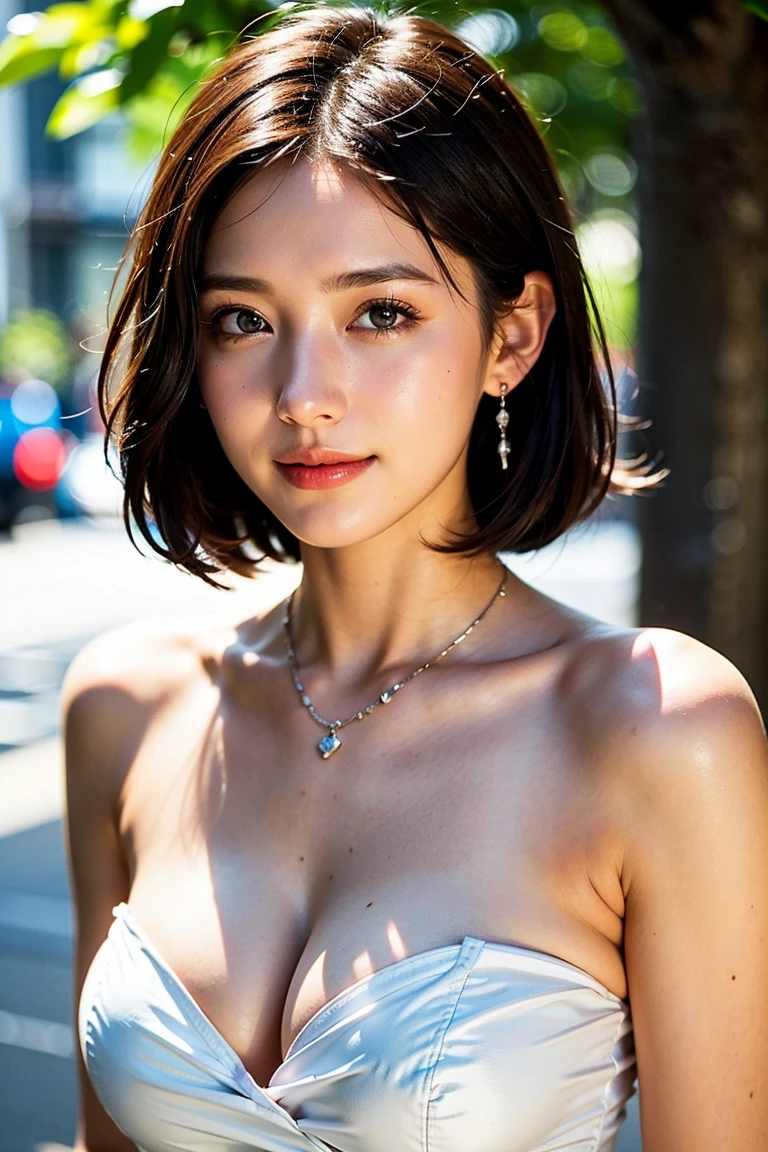 Height: 170cm, 30 years old、Pale face and eyes:1.3、Very thin face and eyes:1.3, (blown eyes:1.5)、{highest quality}, {{masterpiece}}, {very delicate and beautiful}, outstanding light and shadow, highly detailed wallpaper, clear and bright sunlight, 1 girl, , blush, short bob hair, strong sunlight, delicate hair, (realistic skin texture:1.3), saggy breasts, cleavage、or wrinkles on the skin are noticeable., B cup, broad shoulders, ((Strapless Dress、((Shoulder exposed)))), necklace、ring、earrings、smile、Shibuya city background:1.5