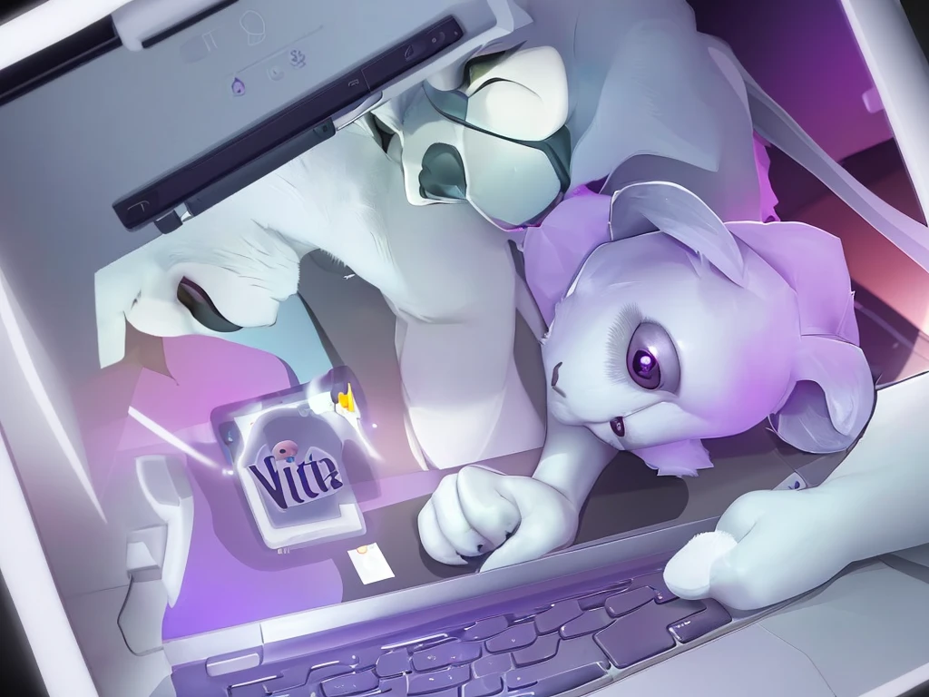 "Generate an image of a white koala with a purple nose, studying intently while using a computer, showcasing a cute and studious scene."