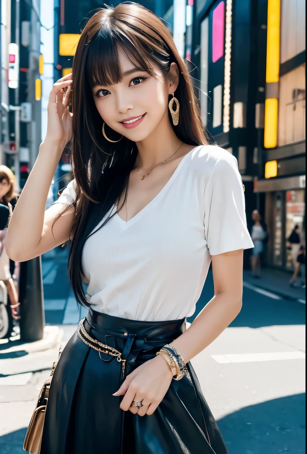 masterpiece, best quality, full body, 1girl, bangs, japanese, black long hair, short sleeve, blush, bracelet, clothes around waist, collarbone, cowboy shot, , eyebrows visible through hair, gradient hair, grin, long hair, looking at viewer, dress,smile, solo,street, sky,petals,illustration, fashionable, woman, vibrant, outfit, posing, front, colorful, dynamic, background, elements, confident, expression, holding, statement, accessory, coiled, around, touch, scene, text, cover, bold, attention-grabbing, title, stylish, font, catchy, headline, larger, striking, modern, trendy, focus, fashion
