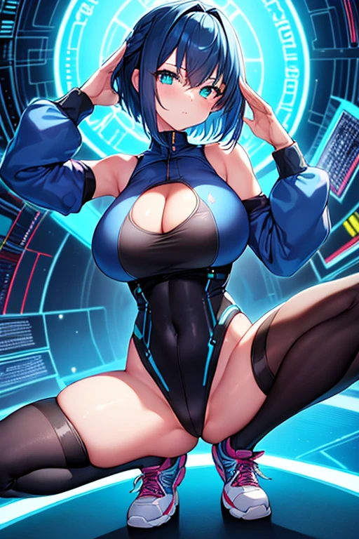 1girl, large breasts, thick thighs, blue hair, very short hair, shoes, sneakers, bodysuit, black bodysuit, cleavage, neon trim, neon lights, machinery, futurustic, science-fiction, tech, serious, spread legs, squatting, toned, ((toned)), salute, black thighhighs, thighhighs, mature female, milf, abs, robot, robot girl, highleg