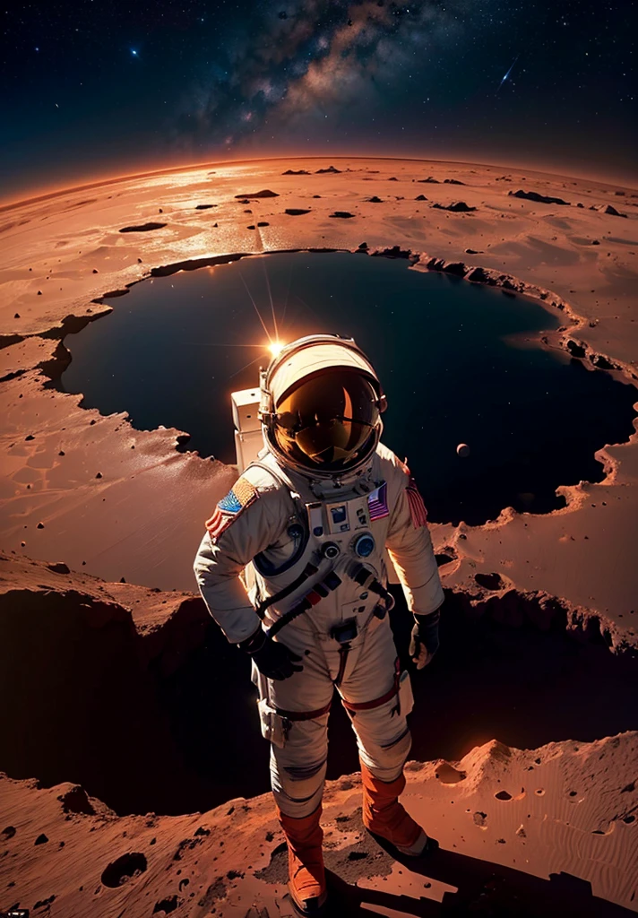 A beautiful painting of an astronaut standing on the edge of a crater on Mars at night. The astronaut is gazing across the crater. The Martian landscape is illuminated by the stars and the distant glow of the sun setting below the horizon. The scene captures the serene beauty and vastness of Mars, with the reddish terrain contrasting against the dark sky filled with stars