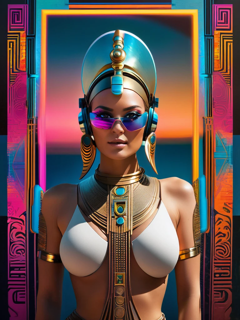 Square album cover, electronica, compilation album, female dj, face obscured, chilled out beats, abstract patterns, futuristic ancient Egyptian elements, Cyberpunk 2077 colors but not as dark, Russian constructivist influence, the sun, science-related ideas, abstract statues