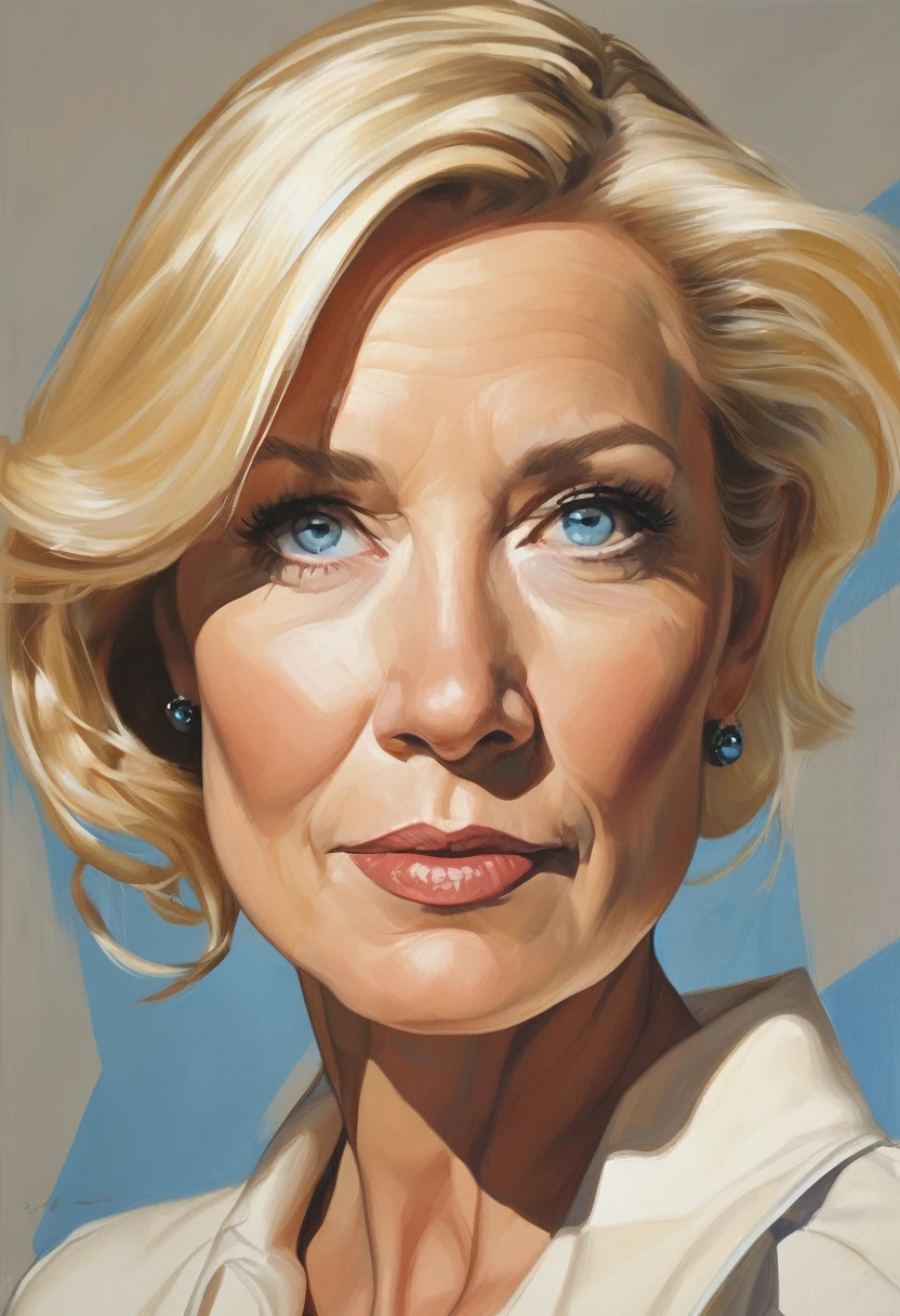 painting of a 50 year old woman, blonde, blue eyes, painted character portrait, beautiful drawing characters, detailed character portrait, drawing characters, stålenhag, character portrait, comic book cover by Phil Noto, character portrait, painting oil painting of a realistic woman, painting of a woman, dressed portrait not nude, Phil Noto, character portrait