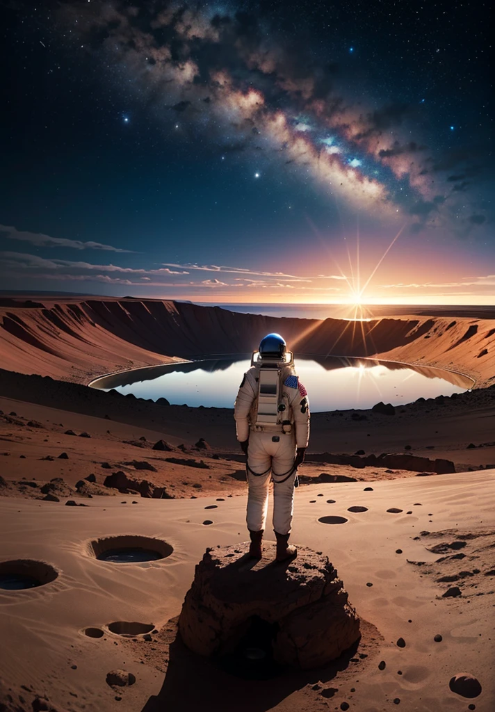 A beautiful painting of an astronaut standing on the edge of a crater on Mars at night. The astronaut is gazing across the crater. The Martian landscape is illuminated by the stars and the distant glow of the sun setting below the horizon. The scene captures the serene beauty and vastness of Mars, with the reddish terrain contrasting against the dark sky filled with stars