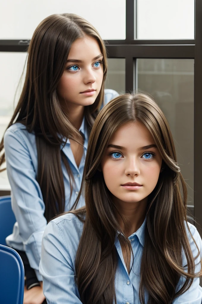 Girl in expensive , sitting in classroom, look bored at the window which have her reflection on it and she's playing with her hairs, her hairs have brown color, she have blue eyes, her hairs are quite long, but not too long, she's 24 years old