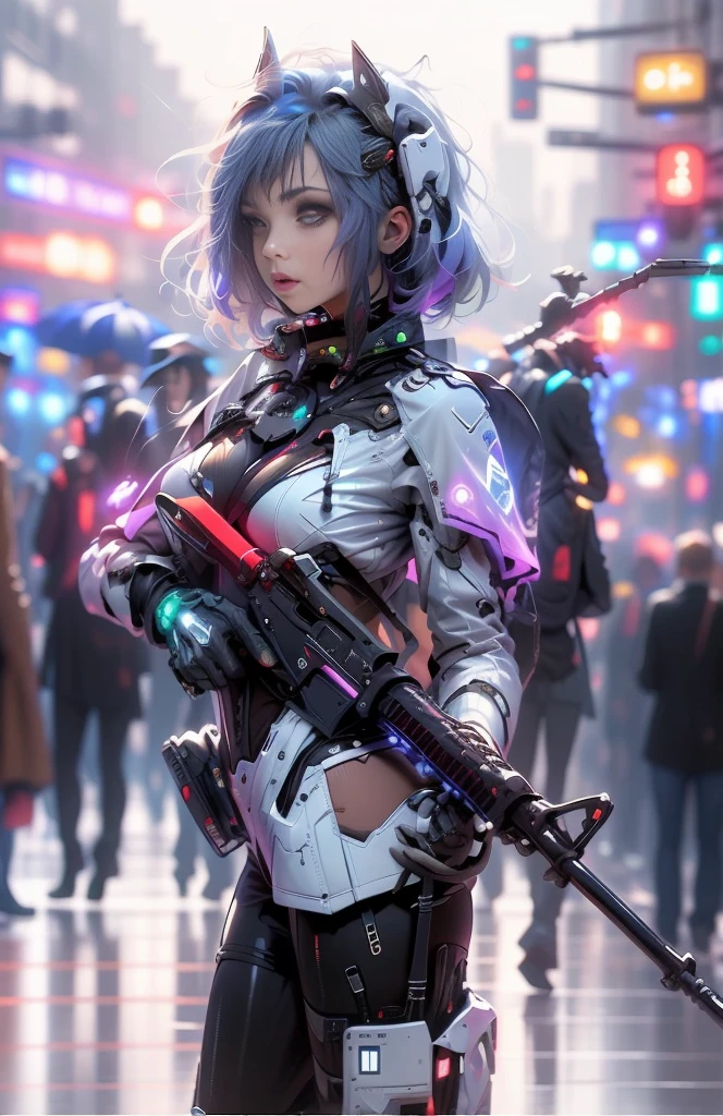 [(White Background: 1.5): :5], (masterpiece: 1.2), Highest quality, Realistic,
Cyber World, Short blue hair, Red dress and black-purple coat, Long pantyhose and boots, pistol, 1 Girl, Glowing gun,
