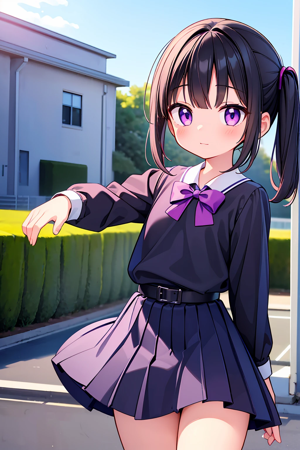 (High quality), (masterpiece), (very detailed), (dynamic lighting), (loli), girl, (very small bust), short black hair, hairstyle with a side ponytail, purple eyes, shy face, showing her thighs, on the school yard, sunny, camera angle from below, adorable eyes, (school uniform), detailed hands, more details