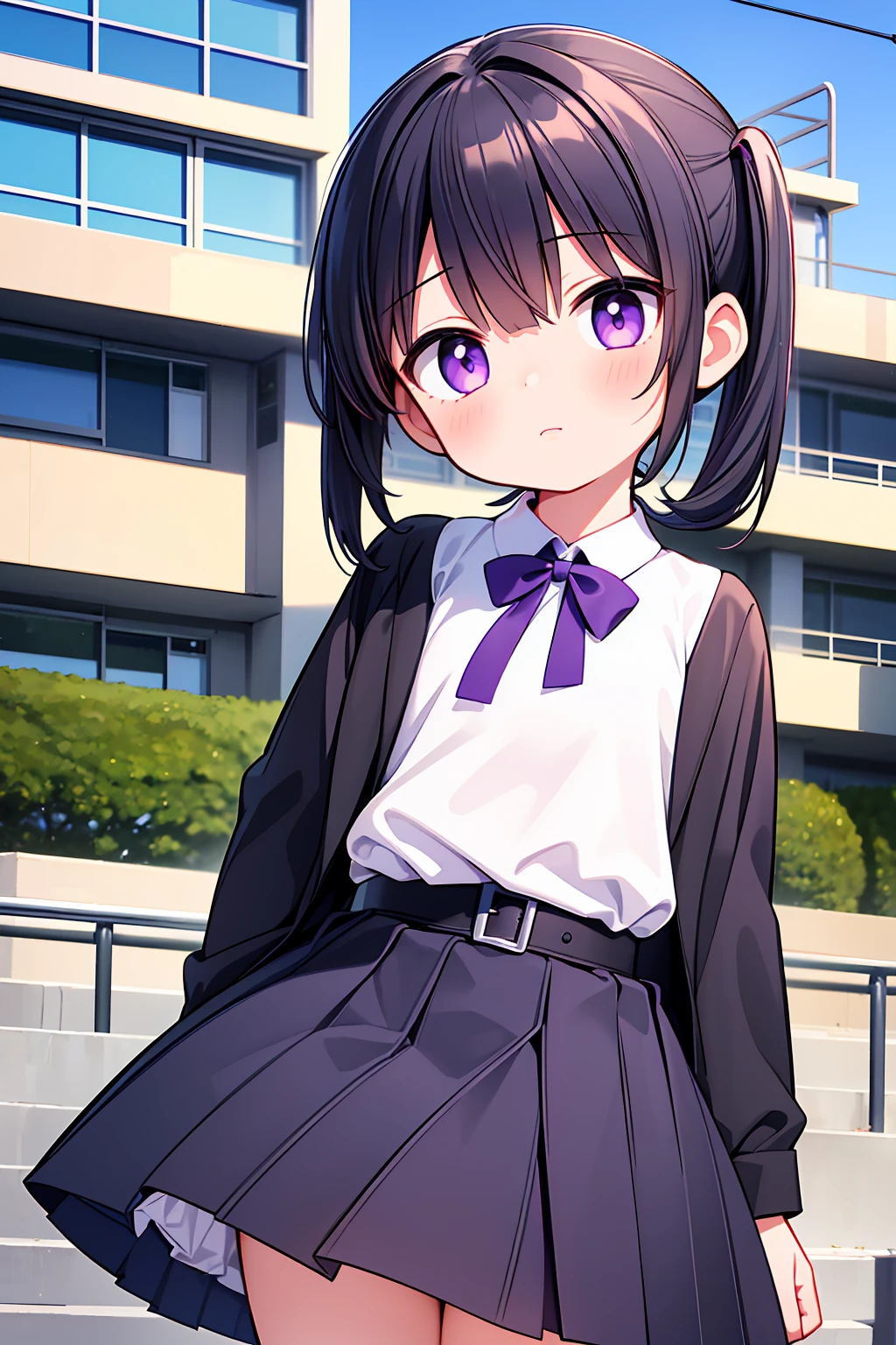 (High quality), (masterpiece), (very detailed), (dynamic lighting), (loli), girl, (very small bust), short black hair, hairstyle with a side ponytail, purple eyes, shy face, showing her thighs, on the school yard, sunny, camera angle from below, adorable eyes, (school uniform), detailed hands, more details