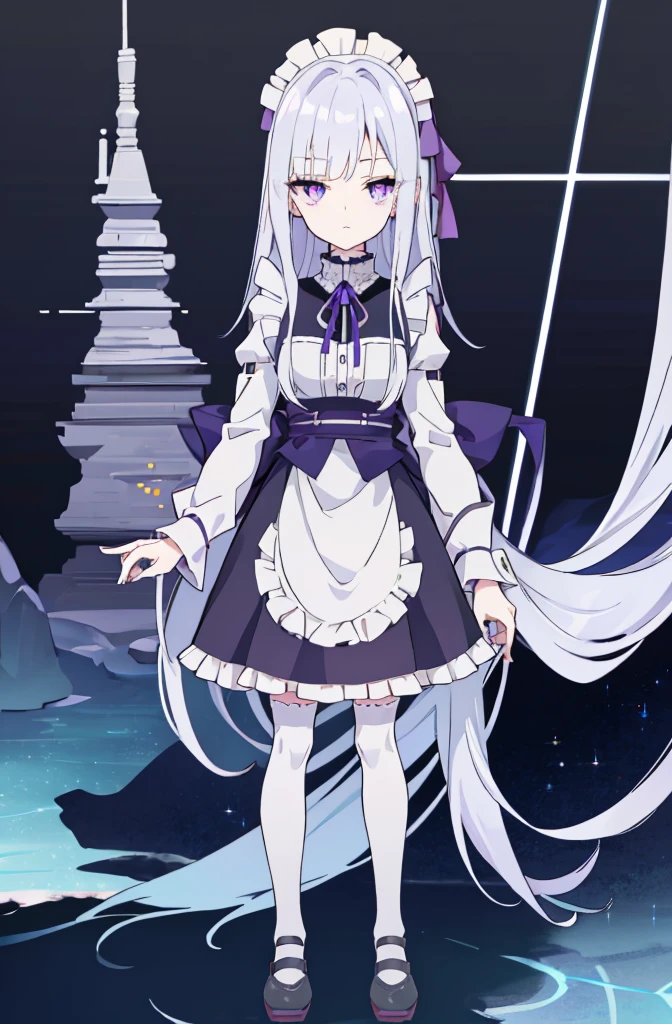 girl, long dark gray hair, violet eyes, Black Rich Closed Clothing, maid clothes,frilled mini skirt,white miko thighhighs,thin legs,Masterpiece, hiquality, high detail, HD, 4k,full body,