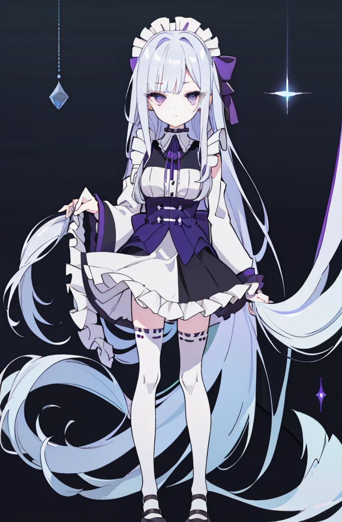 girl, long dark gray hair, violet eyes, Black Rich Closed Clothing, maid clothes,frilled mini skirt,white miko thighhighs,thin legs,Masterpiece, hiquality, high detail, HD, 4k,full body,