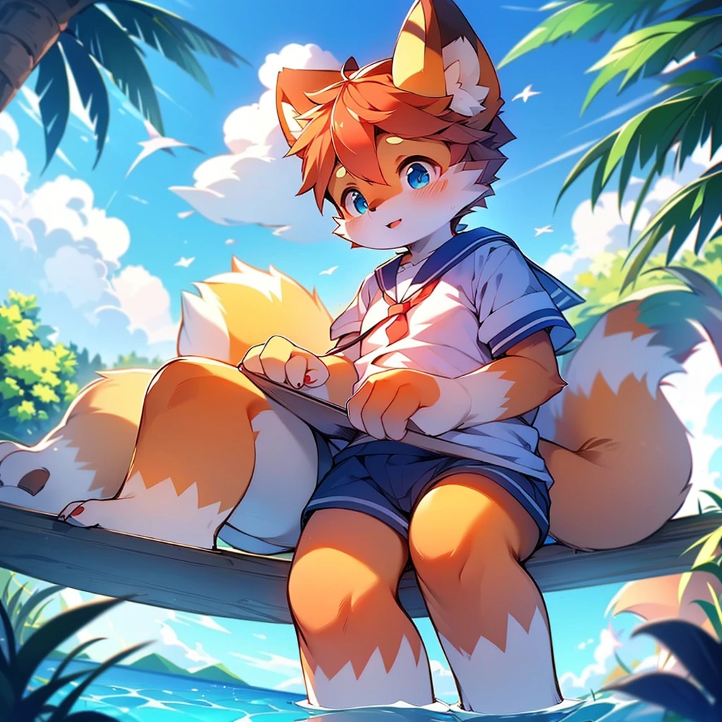 Female Red Panda, Ocean, Appeared wearing a sailor uniform!　　 Sitting,fly in the sky，