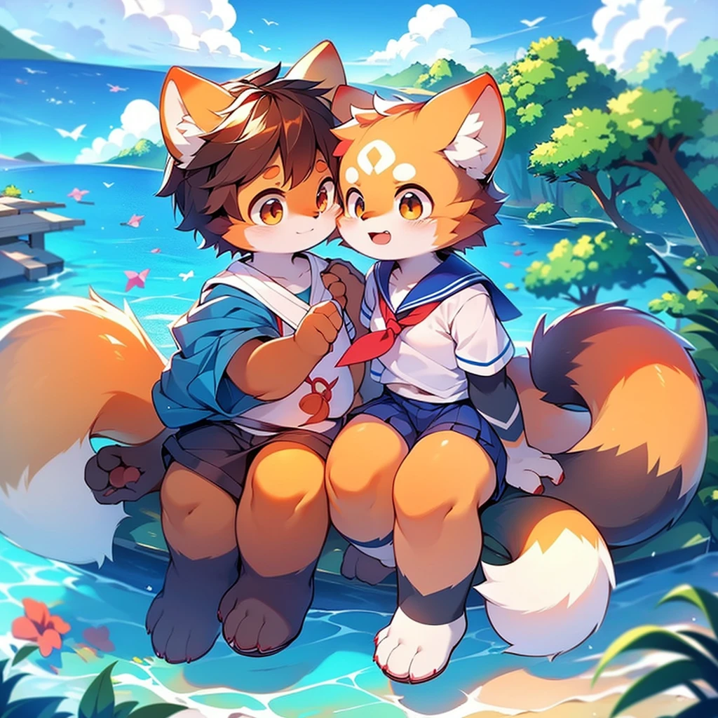 Female Red Panda, Ocean, Appeared wearing a sailor uniform! Sitting,fly in the sky,