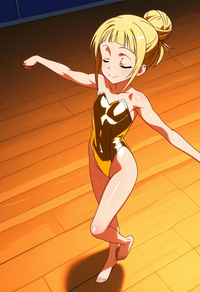 One girl, alone, Official Style, Yui, star, sword_art_online, Blonde, high hair bun, Single hair bun, Ballerina Bun, amount, board amount, compensate, Brown eyes, (Metallic Skin _1.5), (golden skin_3.0), Body Paint, Shiny skin, The body is shiny, Gold Carving CD, SLightMuscle, Bulky, bodybuilder, Muscle excess, Alternating muscle sizes, leotard, gold leotard, High leg, Clothing cutouts, Cutout of the stomach, View your viewers, smile, Mouth closed, whole body, Are standing, Bare shoulders, barefoot, Pause, Raise the hand, double biceps Pause, Flex, indoor, museum, building, Light, 