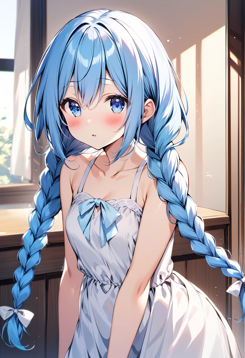 EIRoxy, 1girl, solo, long hair, looking at viewer, blush, bangs, blue eyes, dress, hair between eyes, bare shoulders, blue hair, collarbone, braid,small breasts, parted lips, sleeveless, indoors, white dress, twin braids
