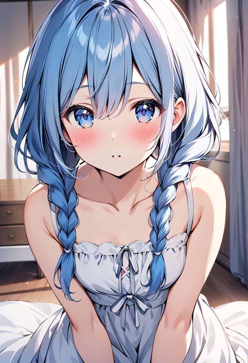 EIRoxy, 1girl, solo, long hair, looking at viewer, blush, bangs, blue eyes, dress, hair between eyes, bare shoulders, blue hair, collarbone, braid,small breasts, parted lips, sleeveless, indoors, white dress, twin braids