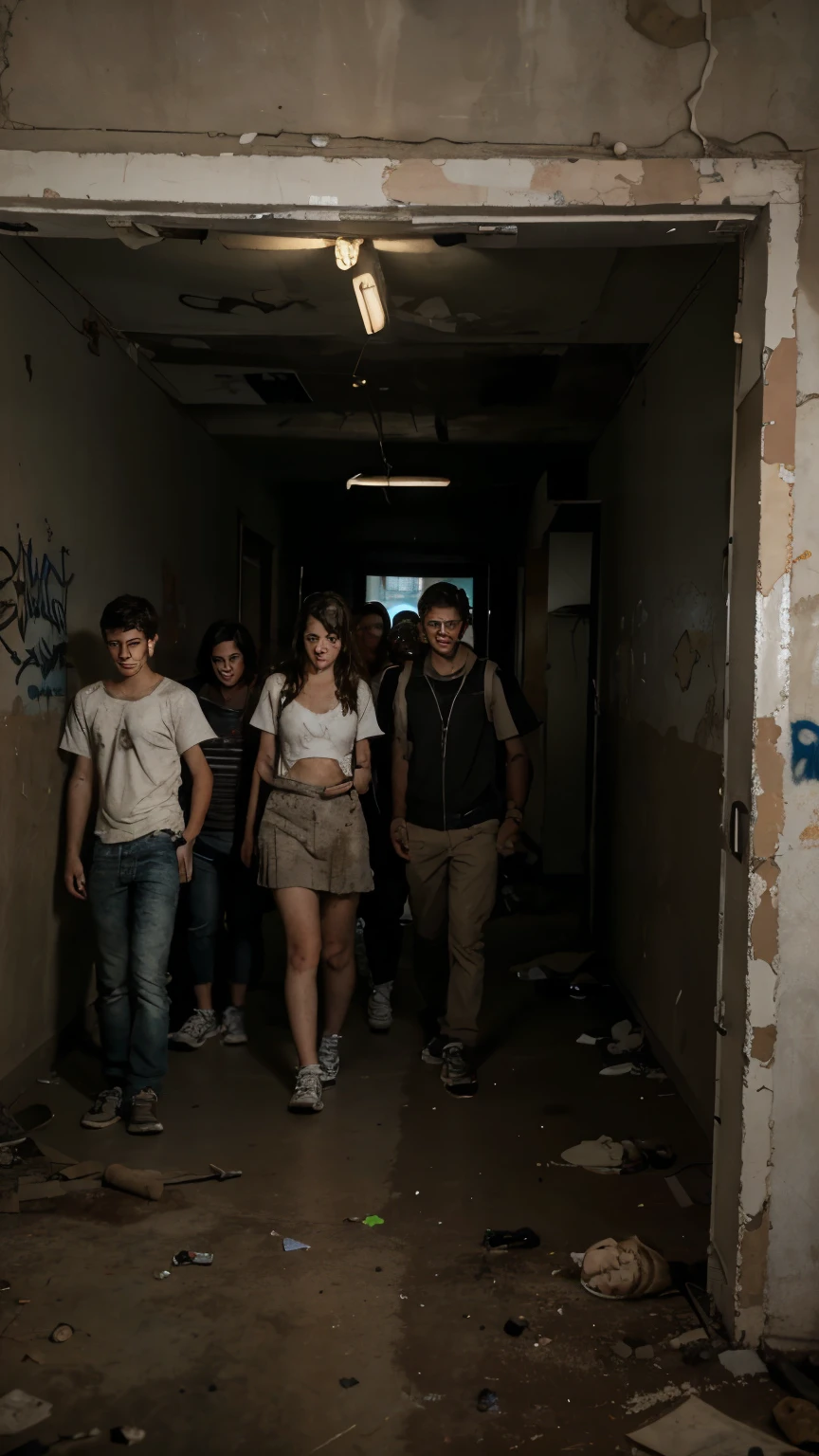 Five teenage friends, two boys and three girls, exploring the dark and dusty interior of the abandoned asylum. They carry flashlights and cameras, with expressions of curiosity and slight apprehension. The surrounding scenery is scary, with old furniture and graffiti on the walls.