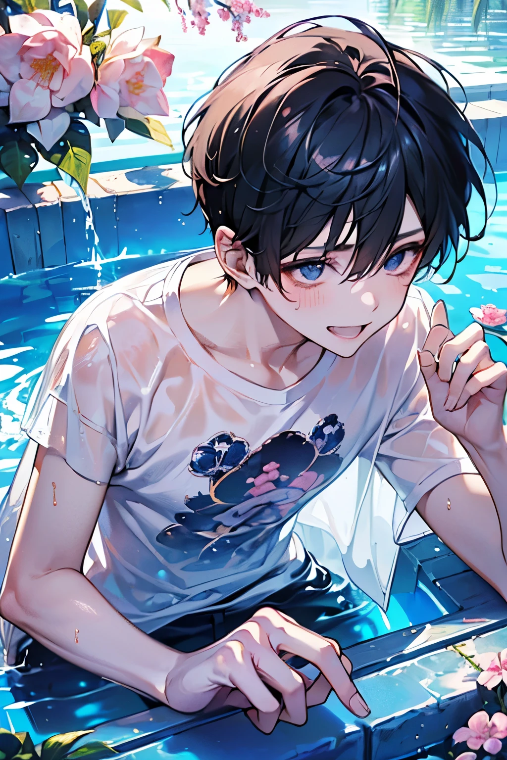 ((cute,kawaii,wonderland)),(Embarrassed、A big smile),(Bathing:1.25),((boy,Men's,male:1.2)),((squirt:1.25)),((Oversized T-shirt、Summer clothes:1.25)),((wonderland:1.15)),Angle from below,Angle of incitement,((Stardust Road)),(Short Hair:1.3),(Clothes and hair that become transparent when wet:1.3).