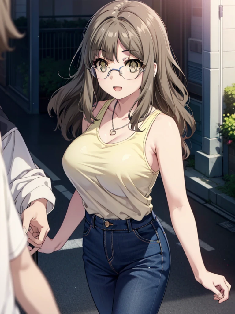 Riofutaba, Rio Futaba, Long Hair, Brown Hair, (Brown eyes:1.5), Glasses,Big Breasts,smile,Open your mouth,Red Tank Top,Heart Necklace,skinny pants,Stiletto heels,Business Back,Walking,morning,morning陽,The sun is rising,whole bodyがイラストに入るように,
break outdoors, Building district,
break looking at viewer, whole body,
break (masterpiece:1.2), Highest quality, High resolution, unity 8k wallpaper, (figure:0.8), (Beautiful attention to detail:1.6), Highly detailed face, Perfect lighting, Highly detailed CG, (Perfect hands, Perfect Anatomy),