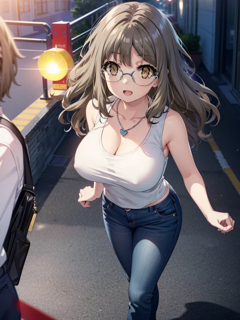 Riofutaba, Rio Futaba, Long Hair, Brown Hair, (Brown eyes:1.5), Glasses,Big Breasts,smile,Open your mouth,Red Tank Top,Heart Necklace,skinny pants,Stiletto heels,Business Back,Walking,morning,morning陽,The sun is rising,whole bodyがイラストに入るように,
break outdoors, Building district,
break looking at viewer, whole body,
break (masterpiece:1.2), Highest quality, High resolution, unity 8k wallpaper, (figure:0.8), (Beautiful attention to detail:1.6), Highly detailed face, Perfect lighting, Highly detailed CG, (Perfect hands, Perfect Anatomy),