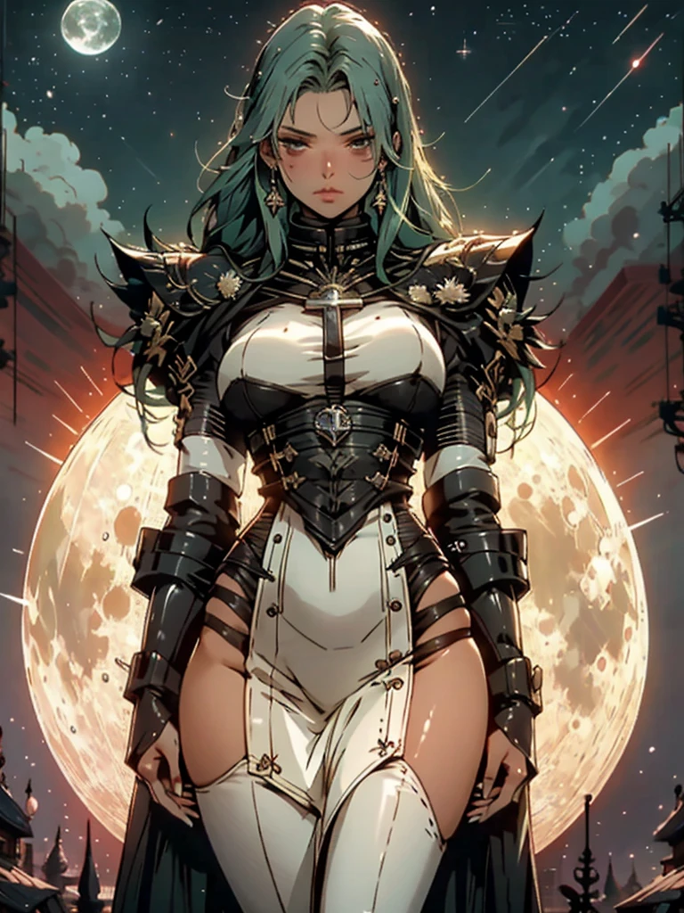 Beautiful anime goddess with long green hair, wearing a short dress, breasts, anime key look, moon, large breasts, intricate, hips, highly detailed, wide hips, breathtaking beauty, vibrant and sharp focus, illustration