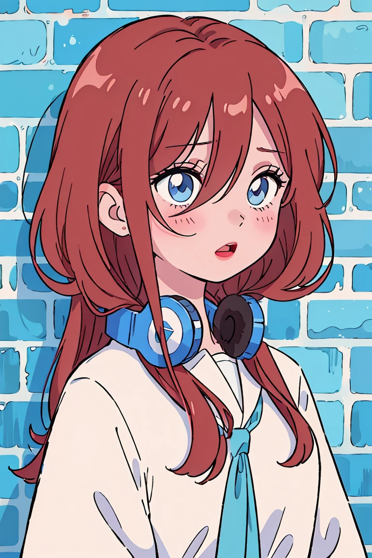 best quality, masterpiece, highres, solo, {nakano_miku_gotoubunnohanayome:1.15}, long_hair, brown_hair, bangs, hair_between_eyes, blue_eyes, headphones_around_neck, headphones, blush, closed_mouth, shiny_hair, 1girl, open_mouth, shirt, upper_body, white_shirt, brick_wall, long_sleeves, shiny