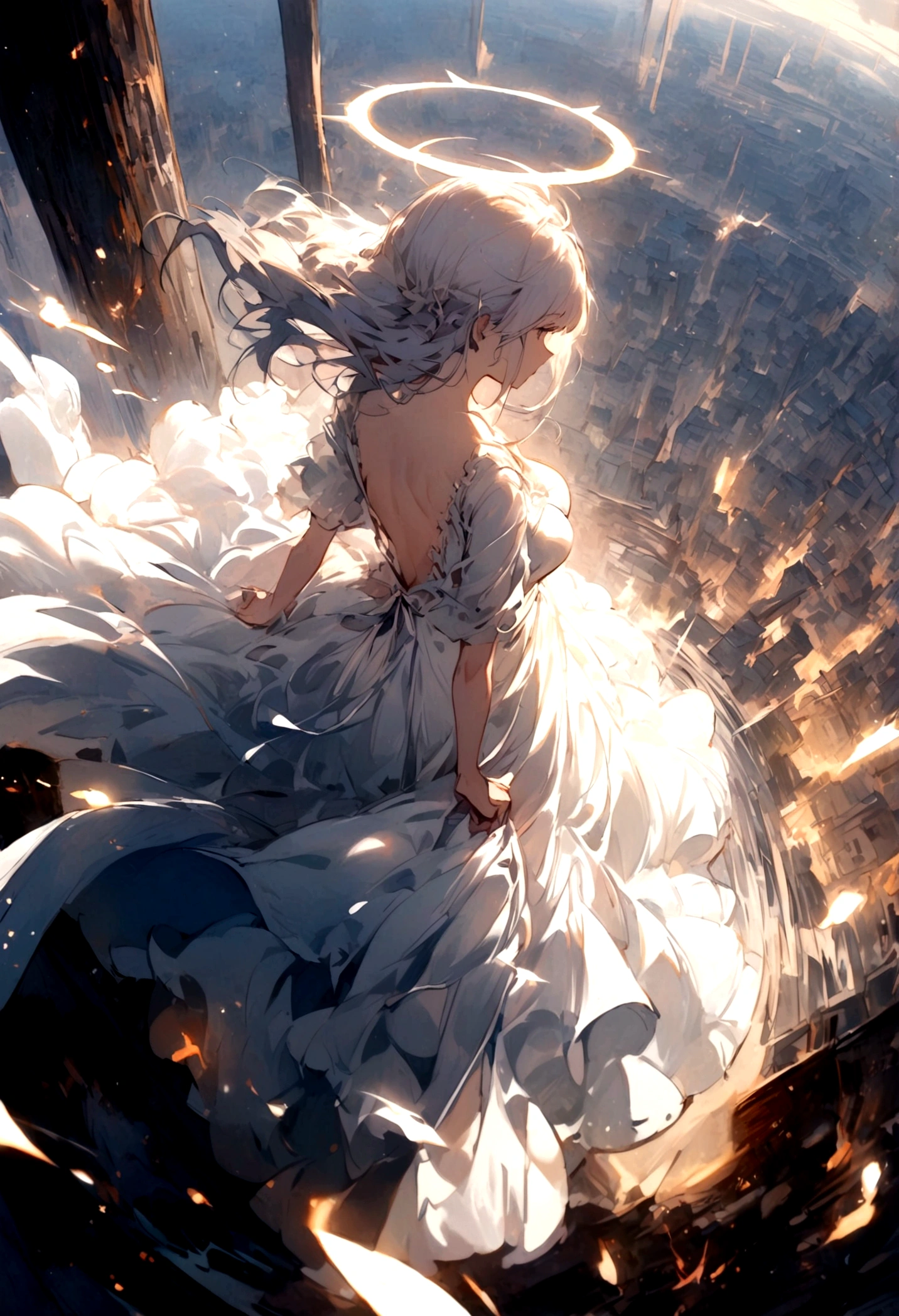 
One (Back view:1.5) A very beautiful female angel\(Long platinum hair, wide back white dress,(From her chest hangs big, beautiful angel wings.),Very beautiful shining halo\), She has her arms wide open as if asking for help., She&#39;s on the clouds、Looking down at the world below, Fierce war\((Lots of sparks and fire), fail, Fighter, Many buildings collapsed, Nature is destroyed, Magnificent and spectacular views\) It&#39;s happening under the clouds, BREOneK ,quality\(8K,非常に精細なCGユニットのwallpaper, masterpiece,High resolution,top-quality,top-quality real texture skin,Surreal,Increase the resolution,ROneW photos,最高quality,Very detailed,wallpaper,Cinema Lighting,Ray-tracing,Golden Ratio\),[Browsing Caution],Dynamic Angle,[Browsing Caution],From above