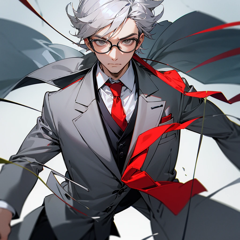 Wearing glasses and a grey suit、Draw the whole image of a cool guy with a red tie