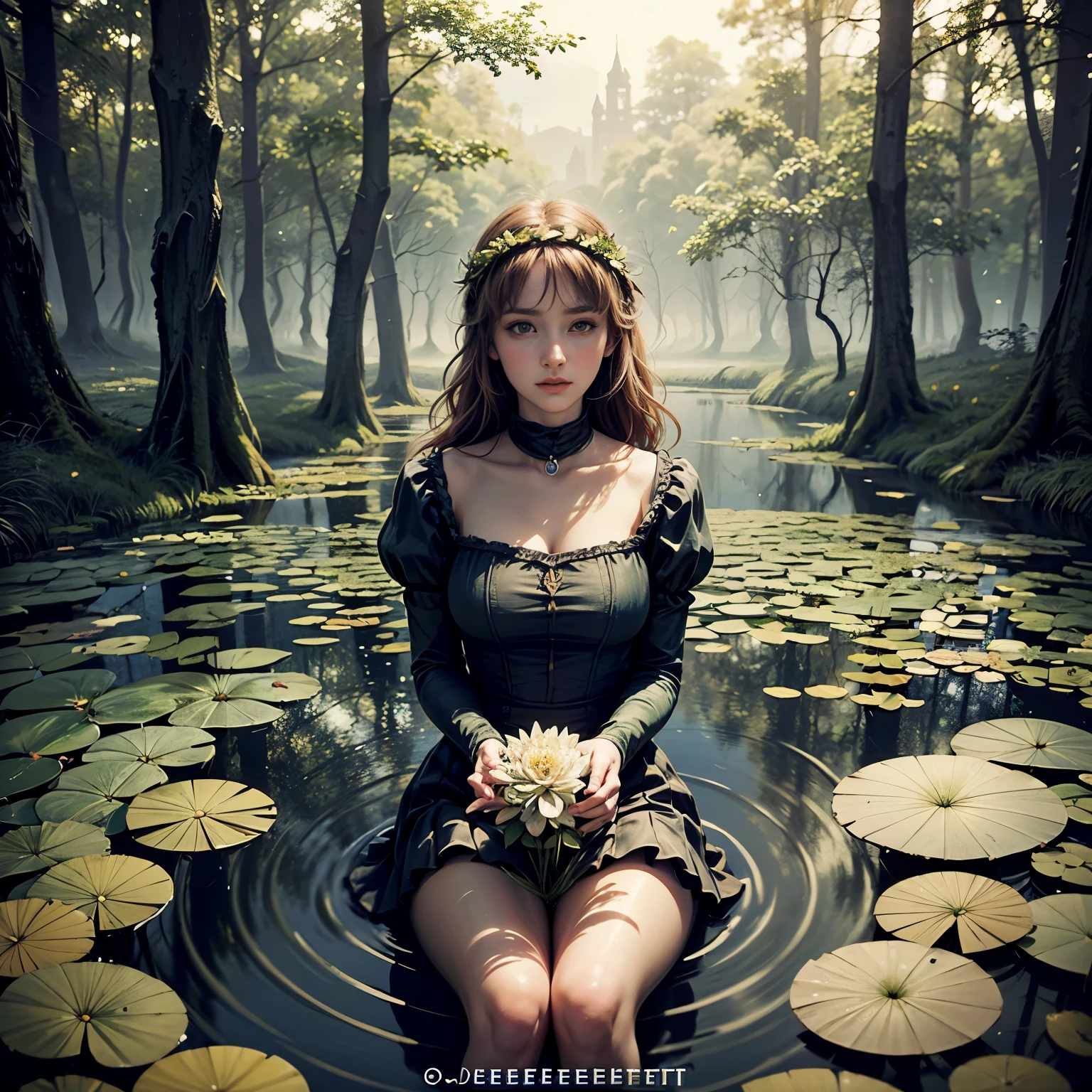 Beautiful girl floating on a river, long flowing hair, gentle expression, water lilies and flowers, lush green foliage, atmospheric lighting, classical painting style, muted color palette, cinematic composition, photorealistic, Ultra-detailed ((Submerged)) BREAK (((Ophelia BY John Everett Millais )))(Masterpiece 8K TopQuality:1.2)