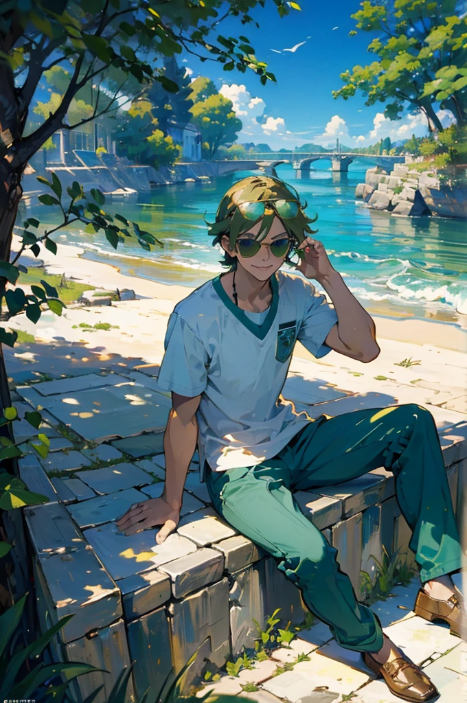 ((masterpiece,best quality)), 1boy, argenti, green eyes, sunglasses on head, shirt, short sleeves, pants, smile, sitting, outdoors, from above,