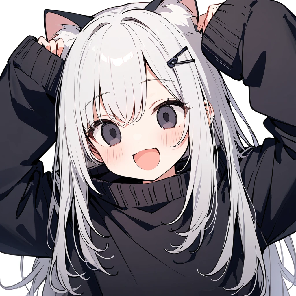 long hair, White hair, black inner hair, open mouth, smile, flustered, Illustration where the pupil does not overlap the lower lash line, The lower half of the eye is white, vacant eyes, black eyes, oversized clothes, sleeves past wrists, , black cardigan, black ribbon, piercing, stuffed animal, White background, 1girl, cat ear，solo, hairpin，Take a picture herself