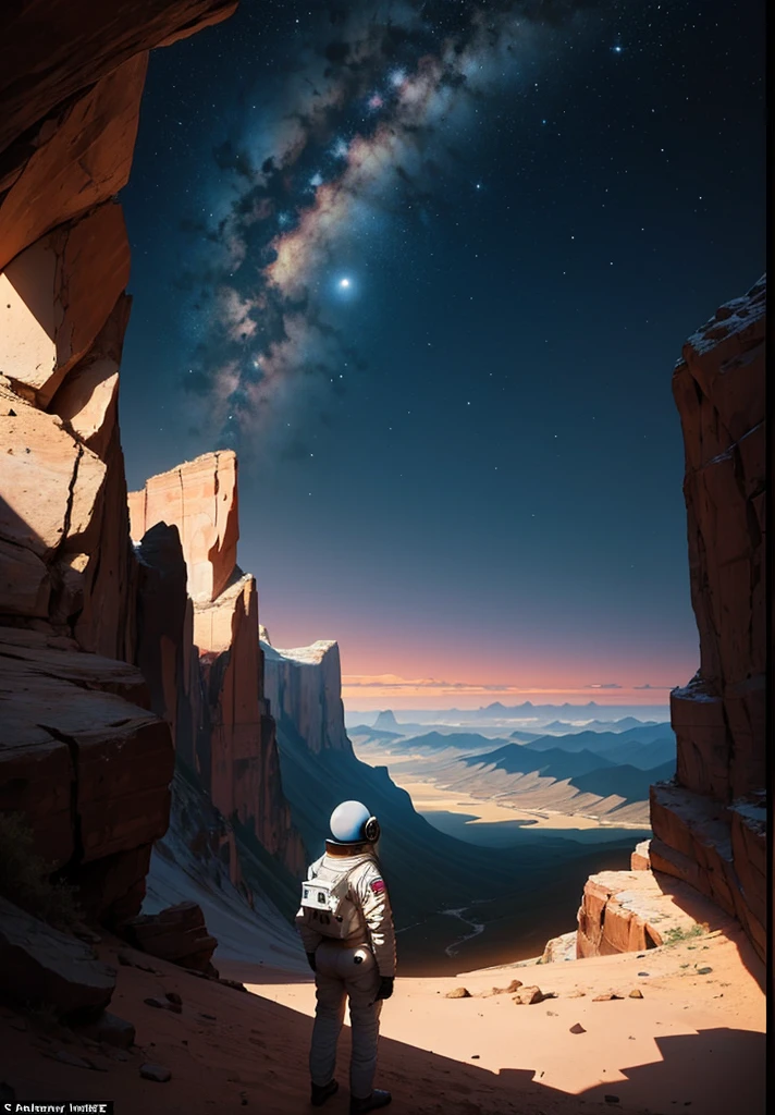 Create a painting of an astronaut standing at the edge of a canyon on Mars, gazing across to the other side, under the serene night sky