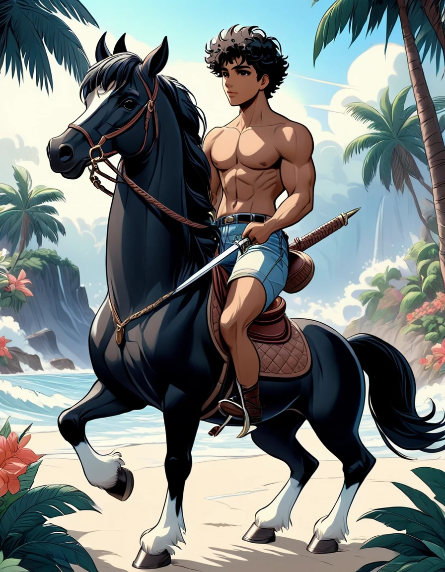 anime+hentai+yaoi style pastel color palette, symmetrical composition, ultra-detailed artistic style, oil painting, full body, perfect composition, perfect anatomy, wearing small shorts, dramatic, natural lighting, a beautiful young man, handsome, tall, perfect feet, Latino, muscles Detailed realistic, body symmetry, he is ridding a black horse holding a sword, in the background in the sea several tropical islands and a multicolored backpack on the ground