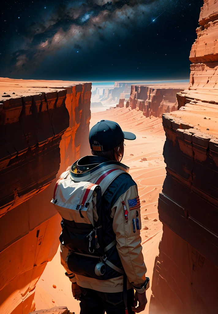 Create a painting of an astronaut standing at the edge of a canyon on Mars, gazing across to the other side, under the serene night sky