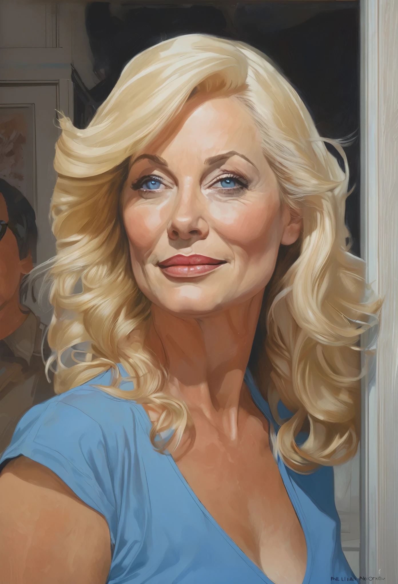 painting of a 50 year old woman, blonde, blue eyes, painted character portrait, beautiful drawing characters, detailed character portrait, drawing characters, stålenhag, character portrait, comic book cover by Phil Noto, character portrait, painting oil painting of a realistic woman, painting of a woman, dressed portrait not nude, Phil Noto, character portrait