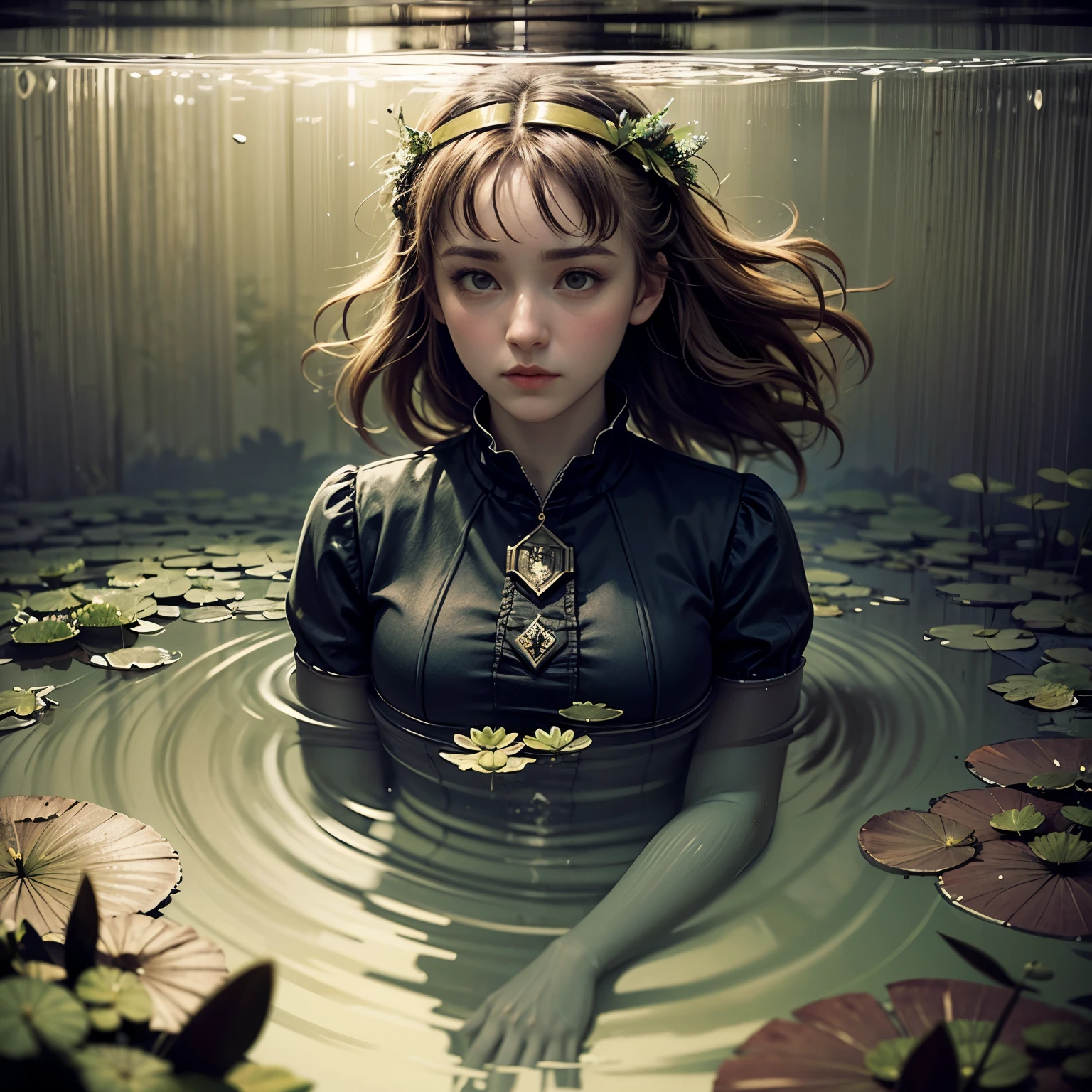 Beautiful girl floating on a river, long flowing hair, gentle expression, water lilies and flowers, lush green foliage, atmospheric lighting, classical painting style, muted color palette, cinematic composition, photorealistic, Ultra-detailed ((Submerged)) BREAK (((Ophelia BY John Everett Millais )))(Masterpiece 8K TopQuality:1.2)