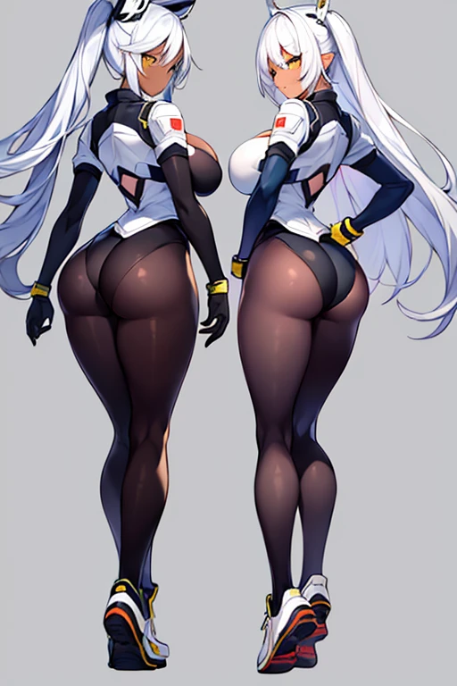 2girls, dark-skinned females, dark-skinned female, dark skin, white hair, long hair, very short hair, large , breastships, yellow eyes, smile, bodysuit, black bodysuit, white trim, sleeveless, black pantyhose, pane, futuristech, science-fiction, full body, ((full body)), from behind, ass, sneakers