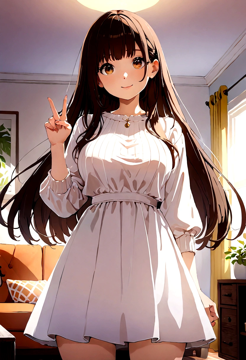 ((1girl)), super fine illustration, vibrant colors, absurdres extremely detailed CG, 8k wallpaper, (masterpiece:1.3), dynamic angle, dynamic pose,
best quality, depth of field, cinematic lighting, ultra detailed, brown long hair, very straight hair, large breast, white knit dress , 20yo, cute, very baby face, brown eyes, kawaii, smile, droopy eyes, arms at sides, smartphone, modern living room, peace fingers, The screen of the smartphone in his hand is facing towards me