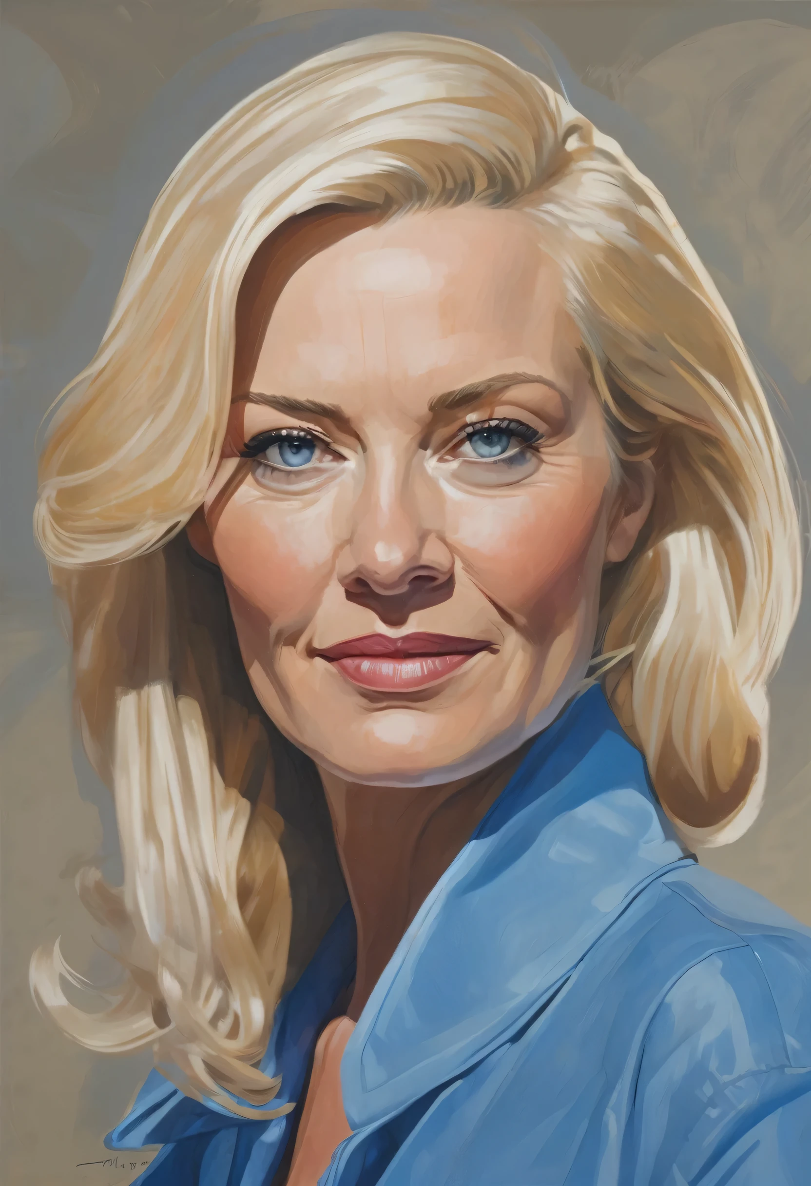 painting of a 50 year old woman, blonde, blue eyes, painted character portrait, beautiful drawing characters, detailed character portrait, drawing characters, stålenhag, character portrait, comic book cover by Phil Noto, character portrait, painting oil painting of a realistic woman, painting of a woman, dressed portrait not nude, Phil Noto, character portrait